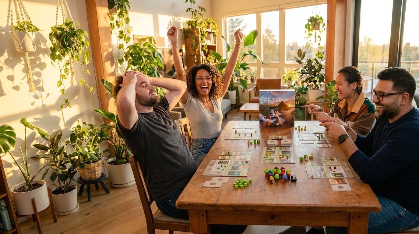 Four friends cheering around a game of Earth on a sunny dining table